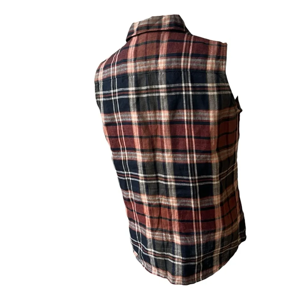 90's Lauren Ralph Lauren Sleeveless Linen Button Down Plaid Blouse Black - Image 4