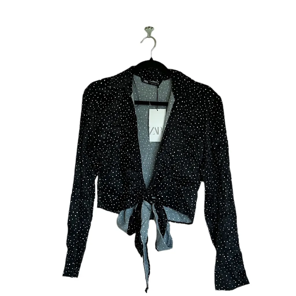 NWT ZARA Black White Polka Dot Satin Tie Front Bow Detail Blouse Bloggers Fave - Image 6