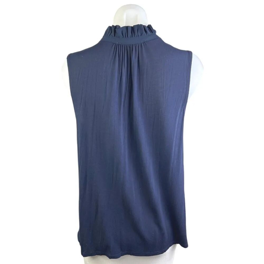 LOFT Women's Blue Sleeveless Ruffle High Neck Button Shirt Blouse Top Size S - Image 2