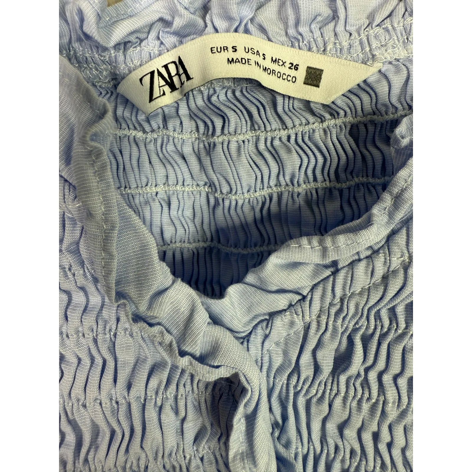ZARA Smocked Off The Shoulder V Neck Crop Top Ruffle Puff Long Sleeves S Blue - Image 10