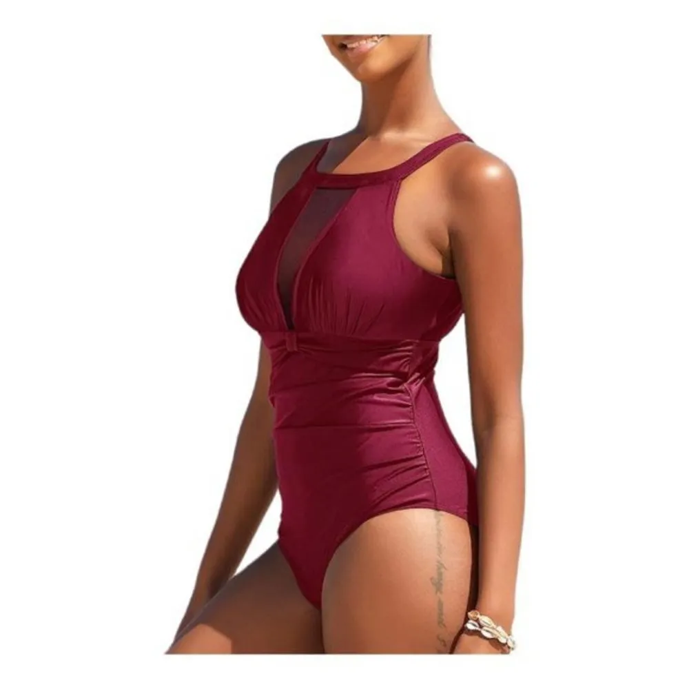 Halter Wine Swimsuit Mesh V - Image 3