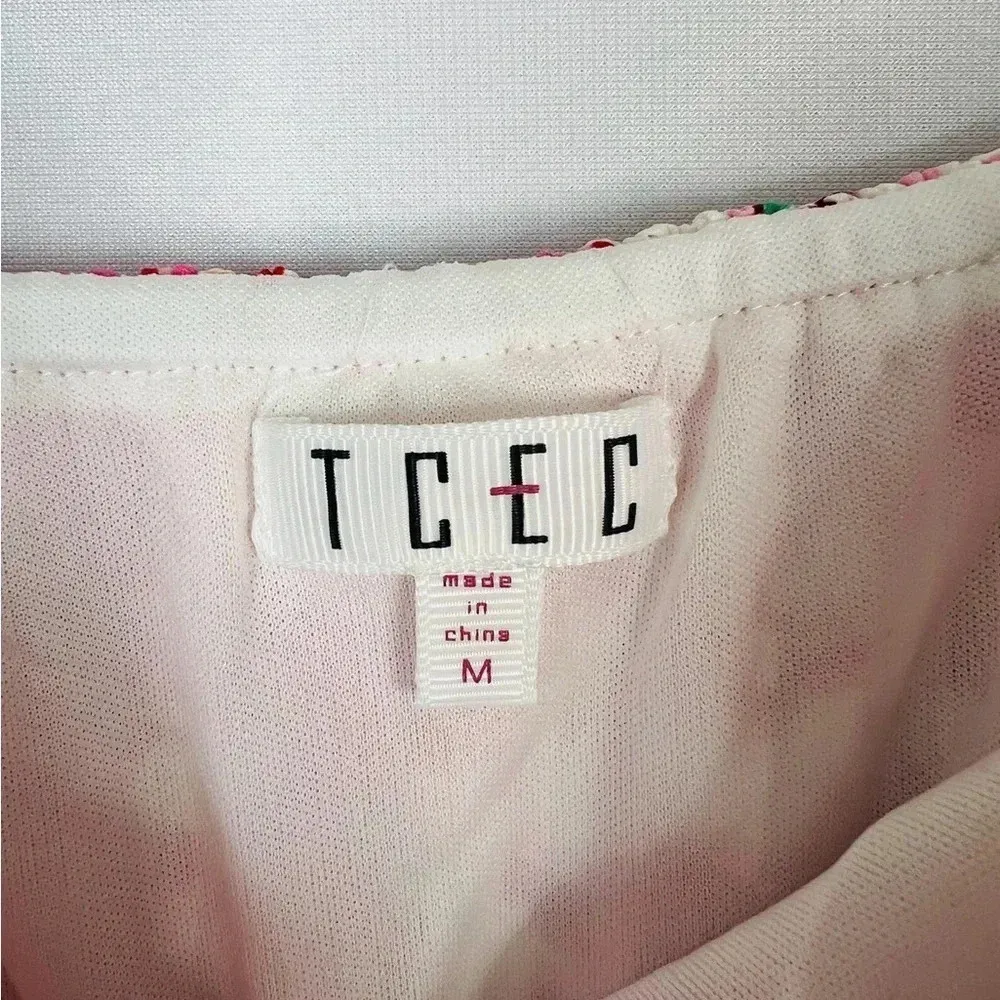 TCEC Pleated Tiered Circle Print Mini Dress Spaghetti Strap Pink Red White M - Image 10