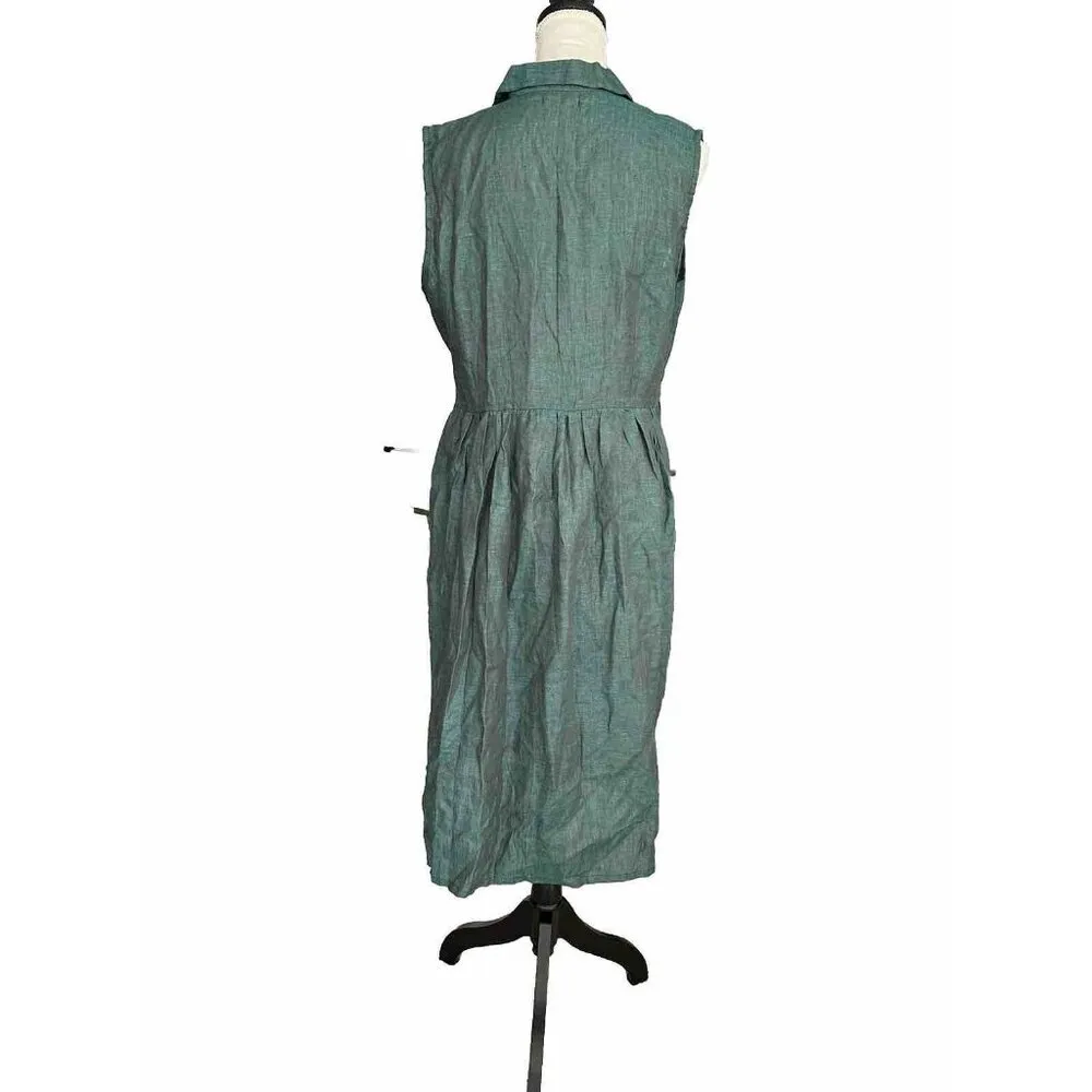 Linen Blend Green Loose Fit Sleeveless Button Front Pleated Dress No Size Tag - Image 3