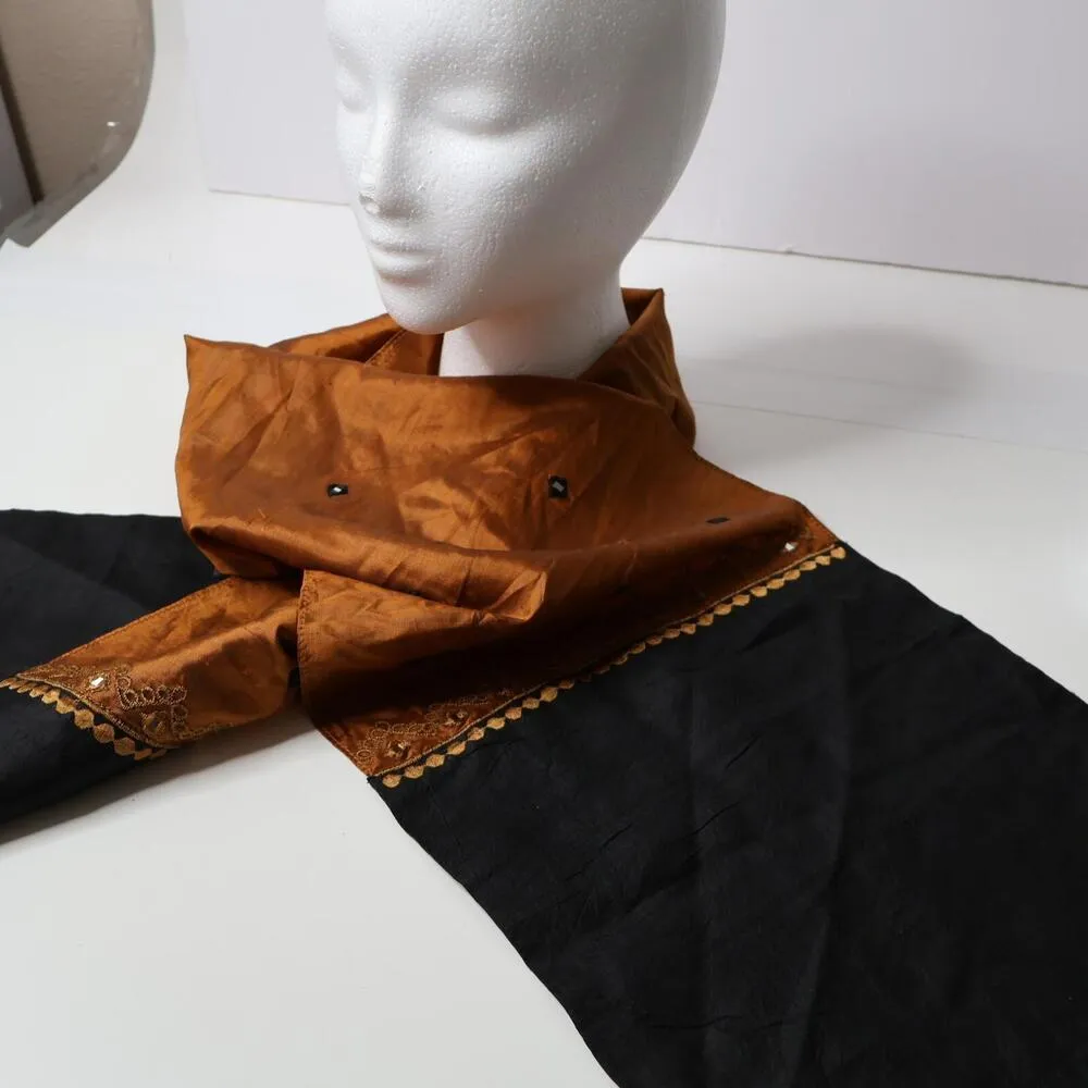 CRC 100% Silk Orange & Black Color Block Scarf Mirror Work Bohemian India Made - Image 2