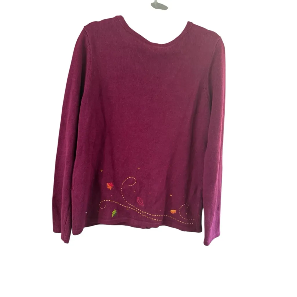 Women's Christopher & Banks Burgundy Cardigan with Fall Leaves, Size L - Image 4