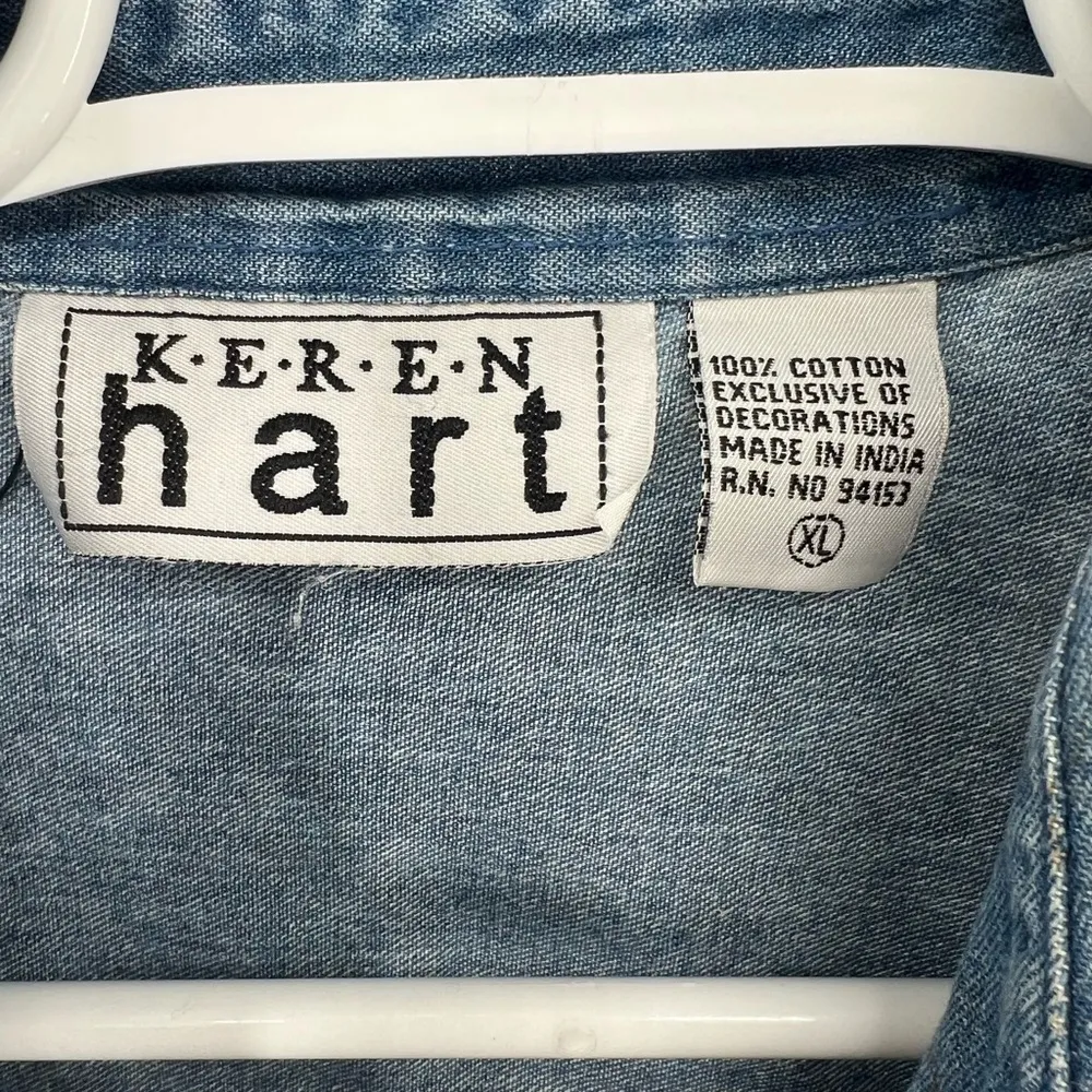 Keren Hart stars stripes patriotic American short sleeve denim button up XL Blue - Image 7