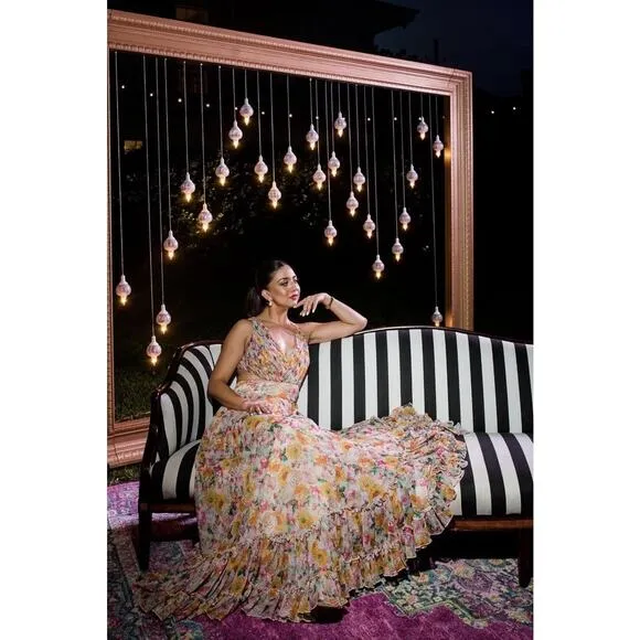 Mac Duggal 9174 Long Formal Multicolored Floral Print Chiffon Gown Dress Size 10 - Image 2