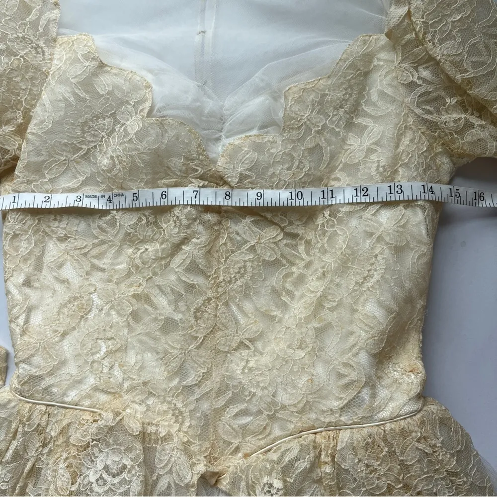 Vintage Lace Neckline Tulle Long Sleeve Princess Embroidery Dress Small 4 Cream White - Image 9