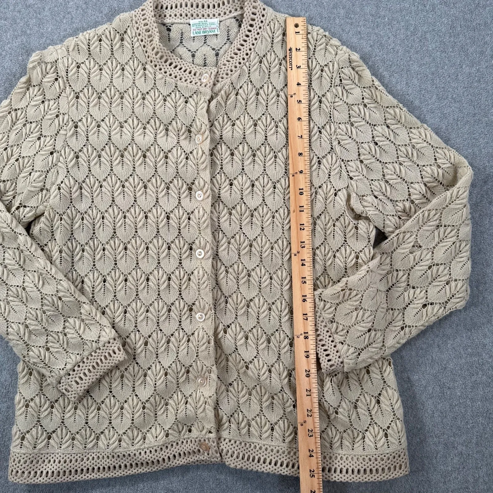 Vintage Lane Bryant Crochet Sleeveless Cardigan Women's 44 Tan Open Knit Acrylic - Image 5
