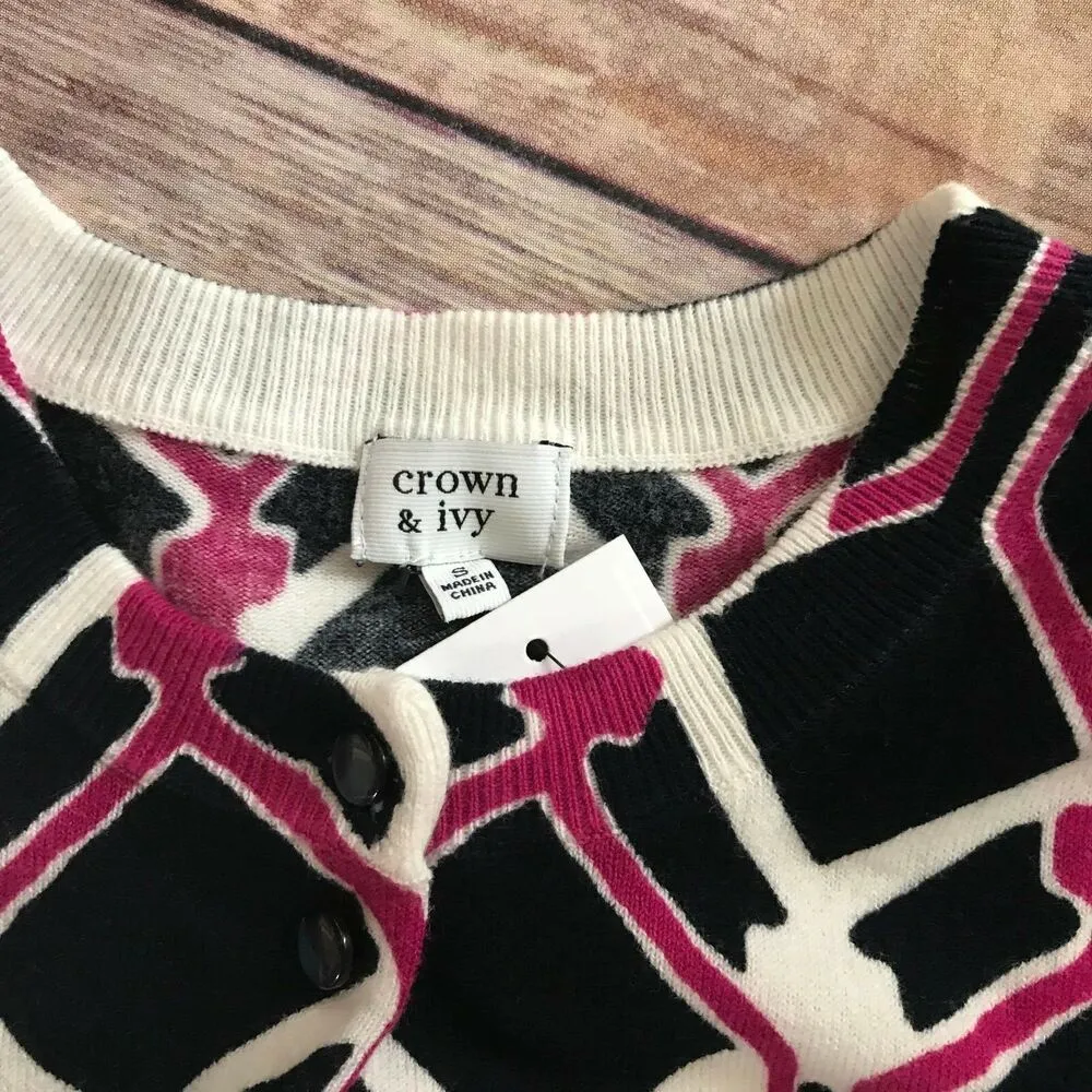 crown & ivy Womens Sweater Size S Navy Lattice Cardigan Purple Essentials Preppy - Image 4