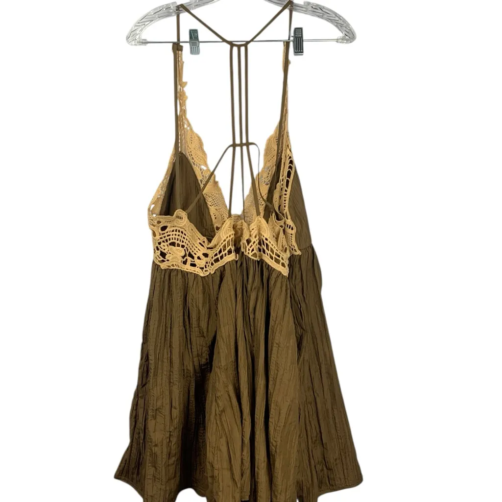 Free People size large breathless crochet trim brown mini dress Beige Lace west - Image 4