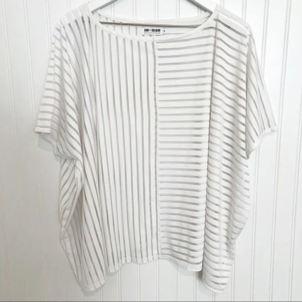 Suki + Solaine Striped Relaxed Short Sleeve‎ Sheer Mesh Blouse Top White Size XS - Image 2