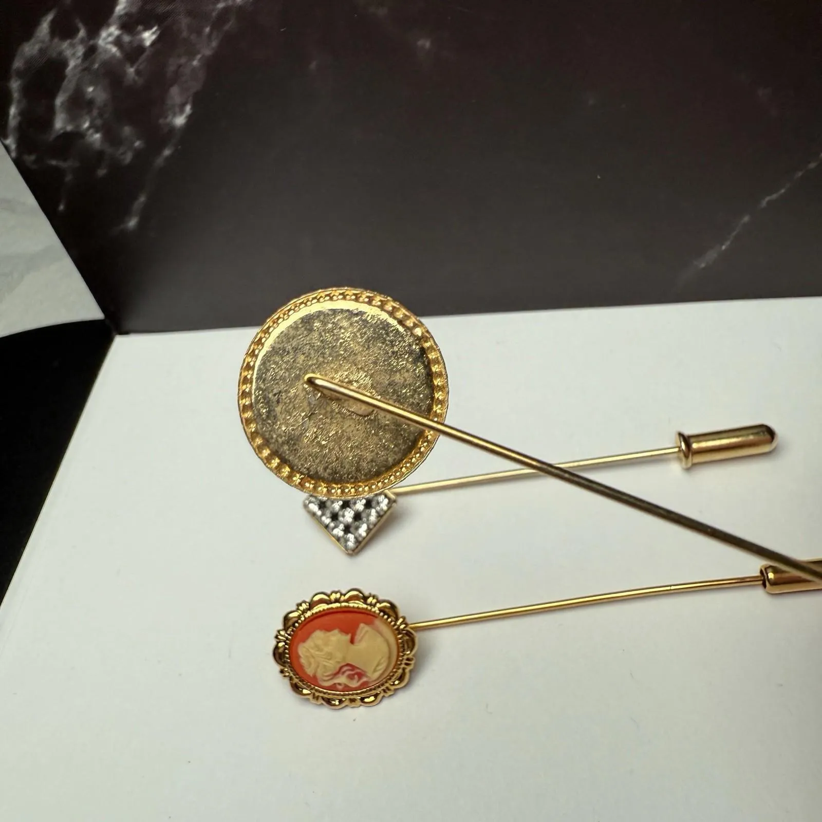 Lapel Stick Pin Gold Tone Lot Of 3 Cameo, Enamel Bird, Rhinestone Square - Image 5