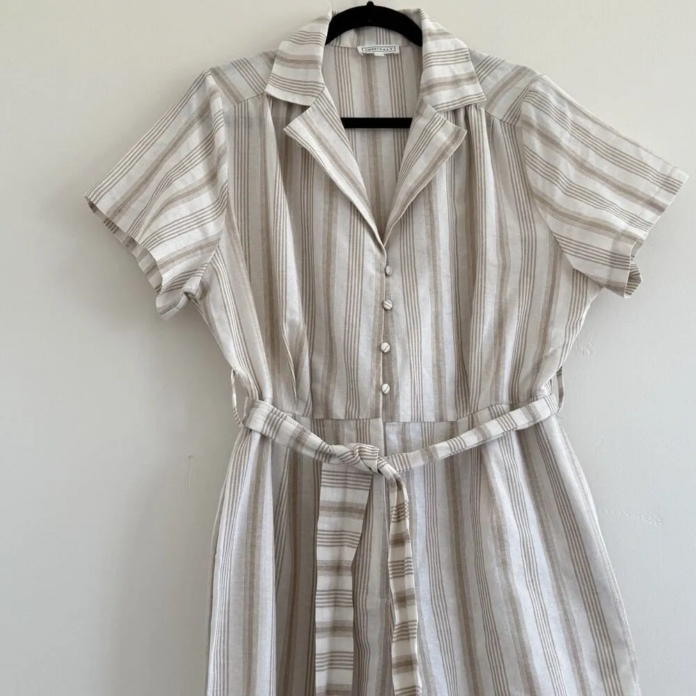 Sweet salt striped Jumpsuit women wide leg collar button up cream pockets tie L Size L - Image 15