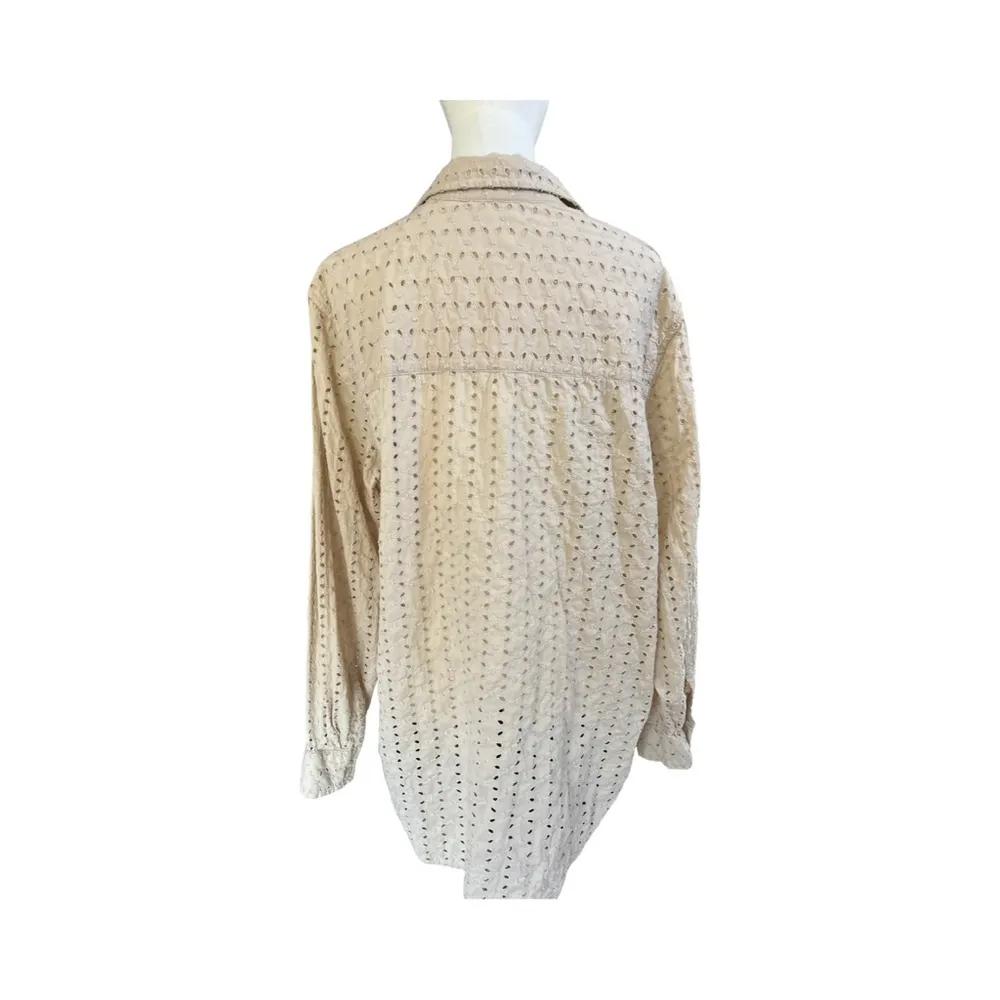 GAP Beige Eyelet Button Down Shirt XL Long Sleeve 100% Cotton Embroidered Top - Image 6