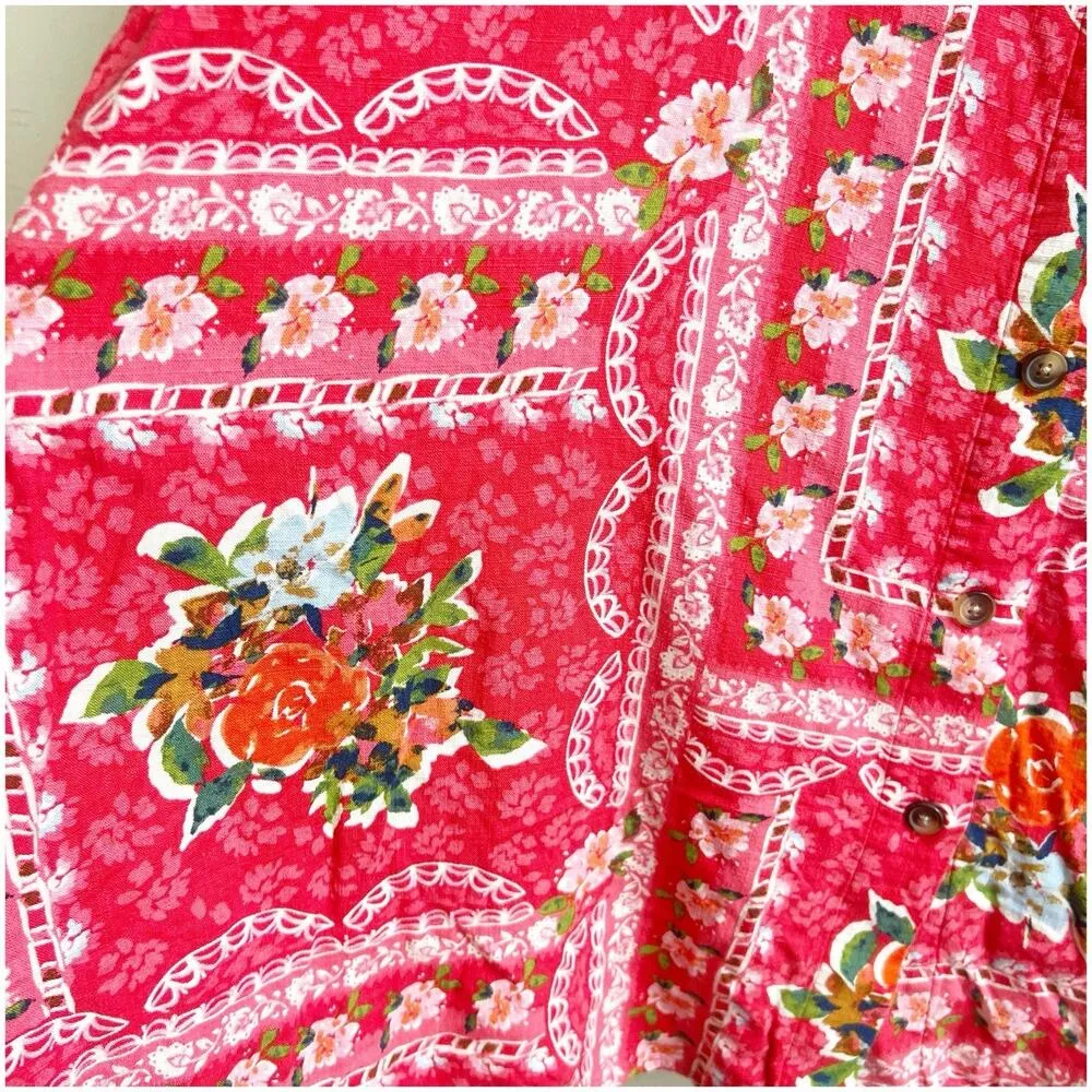 LC Lauren Conrad Button Front Linen Blend Floral Midi Skirt 2X Dark Pink Beachy - Image 9