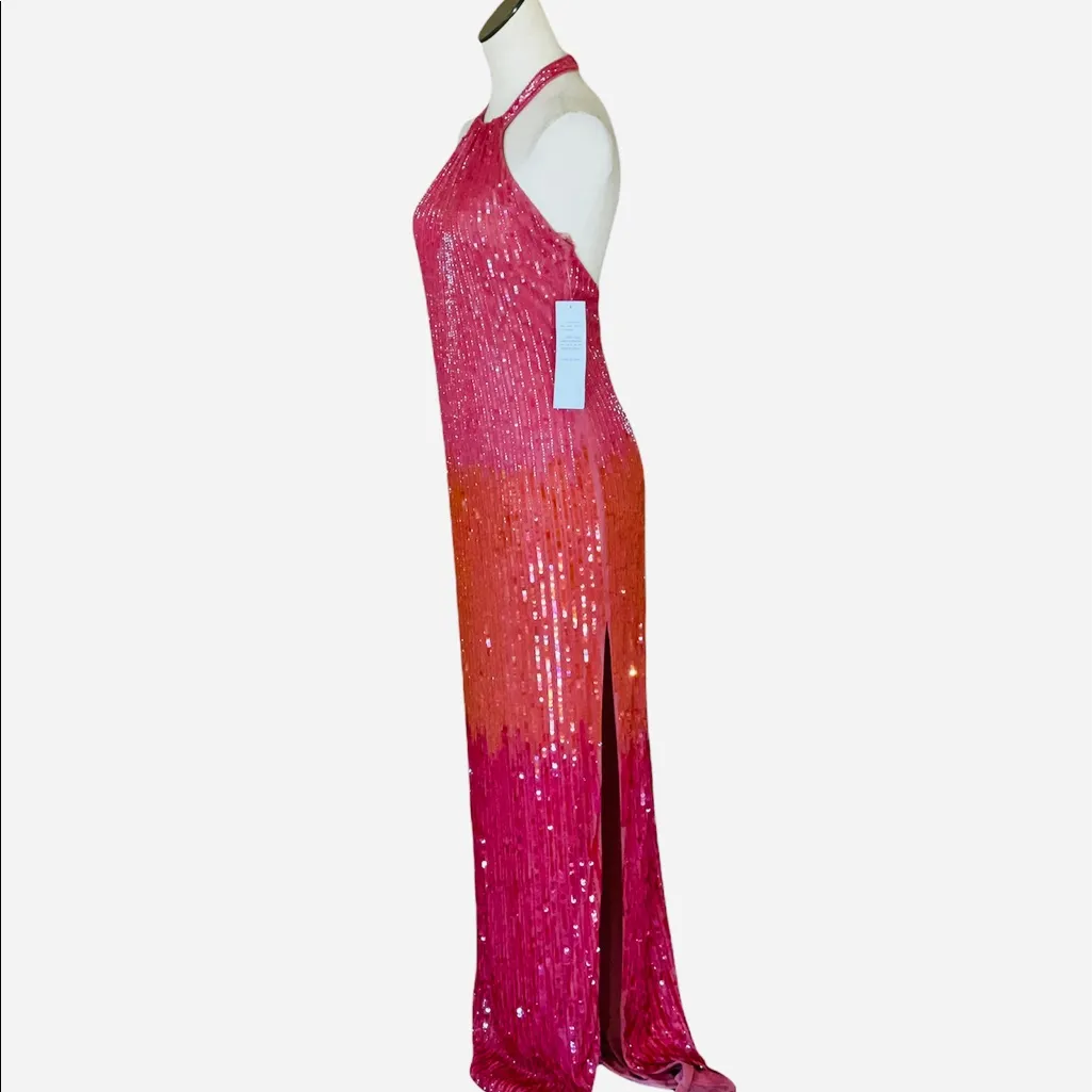 NWT JKARA Heavily All Over Sequins Color Block Halter Neck Gown Maxi Dress Pink Size 8 - Image 4