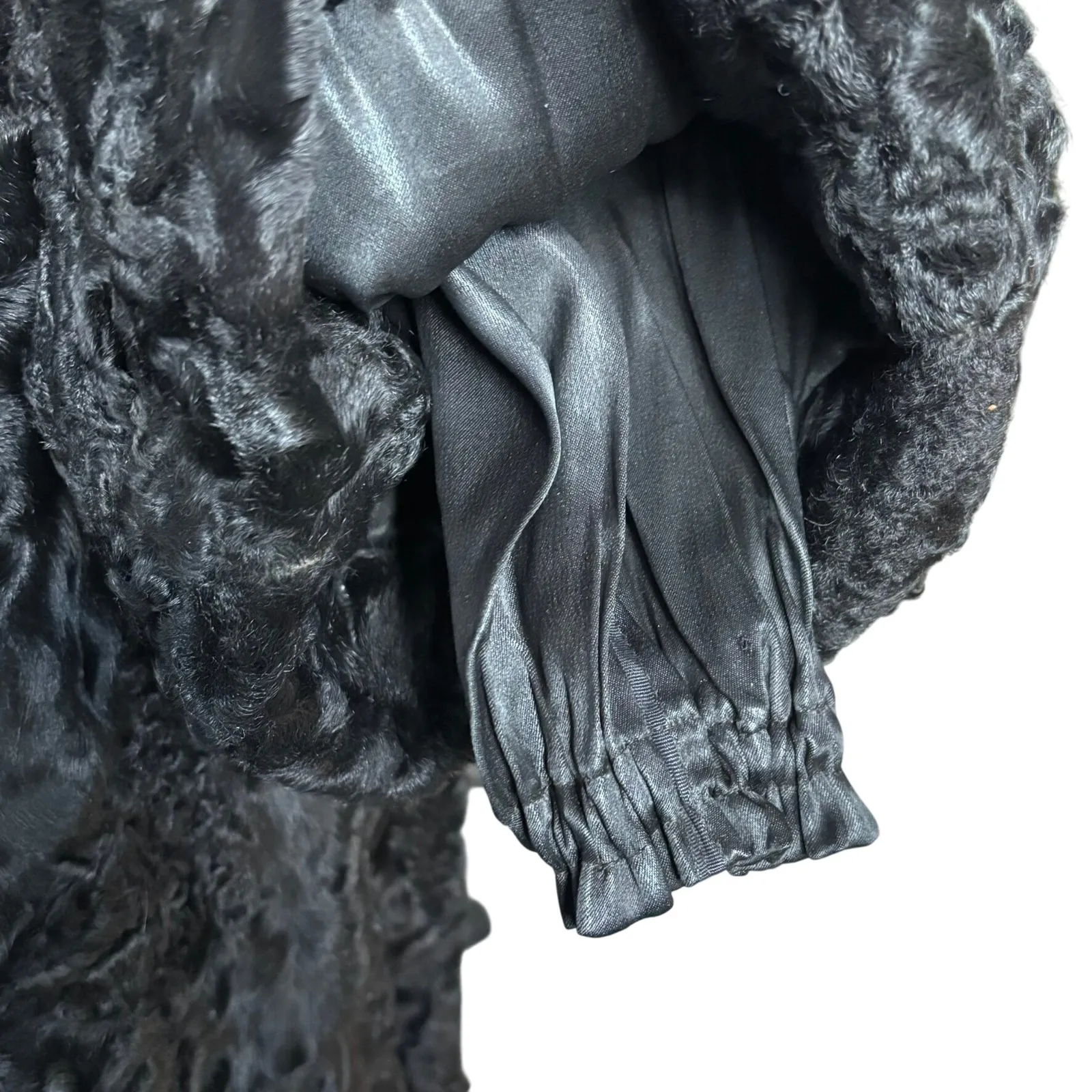 Vintage Custom Persian Lamb Broadtail Coat 1950s? Large? Bell Sleeves Mid Length Black - Image 7