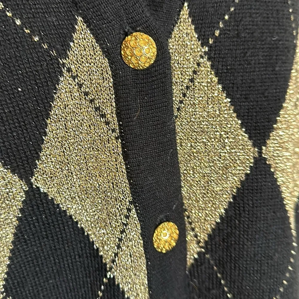Loubella Vintage 1990s Y2K Black Metallic Gold Diamond Pattern Cardigan Medium - Image 8