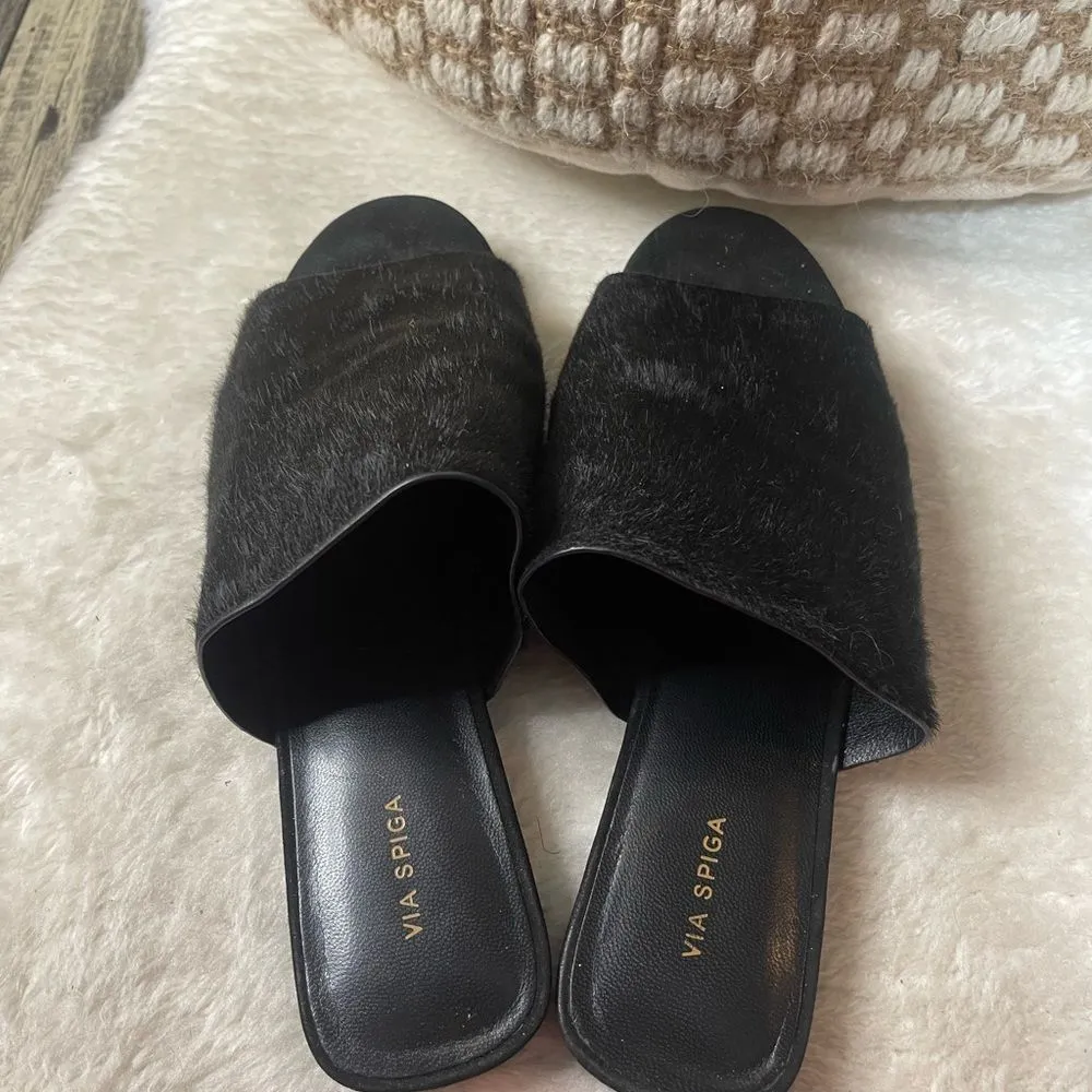 Via Spiga Black Genuine Real Fur Slides Flats Sandals 8M - Image 3