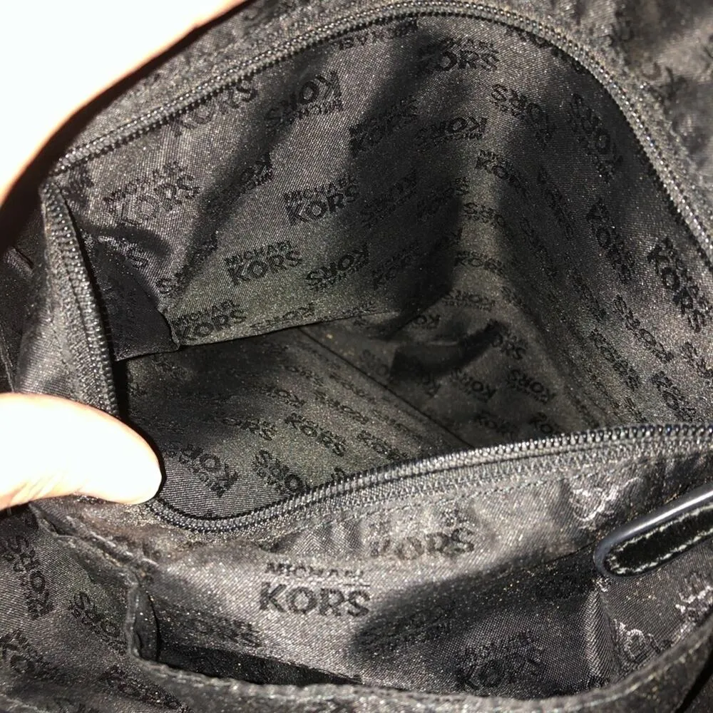 MICHAEL KORS Signature Tote Canvas Handbag Black LOGO Shoulder Bag Purse Gold - Image 8