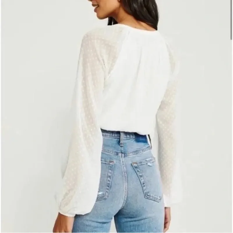 Abercrombie Sheer Balloon Long Sleeve Button Front Blousson Bodysuit White XL - Image 2