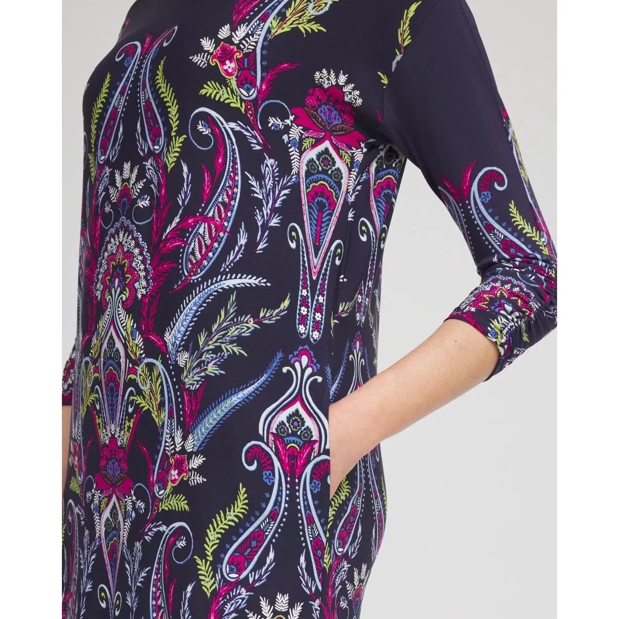 Chicos Ruched Sleeve Midi Dress Size 2 Large Multi Paisley Floral Stretch Office - Image 14