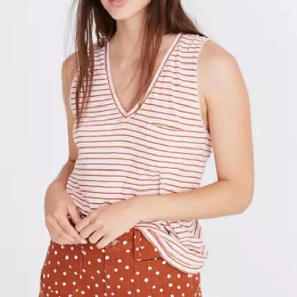 New  Striped V-Neck Pocket Tank Top Whisper Cotton Pink Rust - Image 2