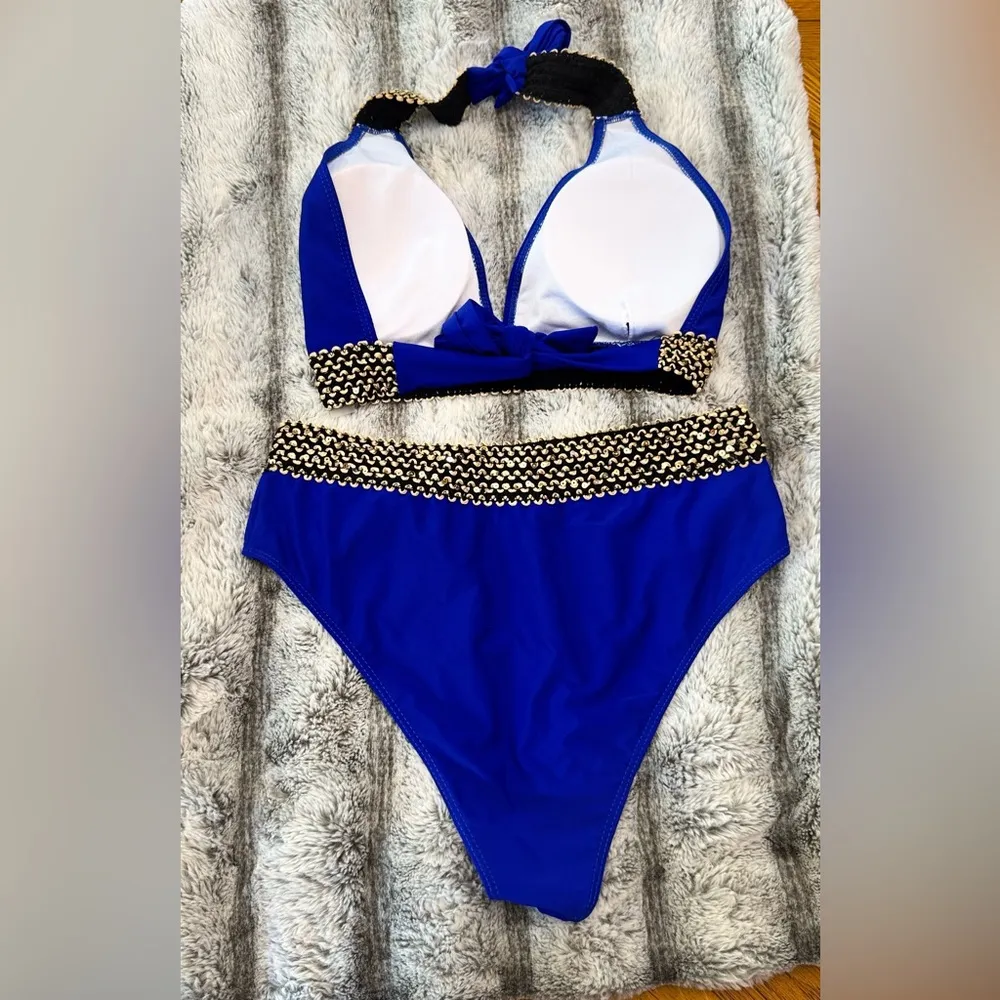 Verdusa 2 Piece High Waisted Bikini Set Chevron Print Tie Back swimsuit NWOT Blue Size XL - Image 5