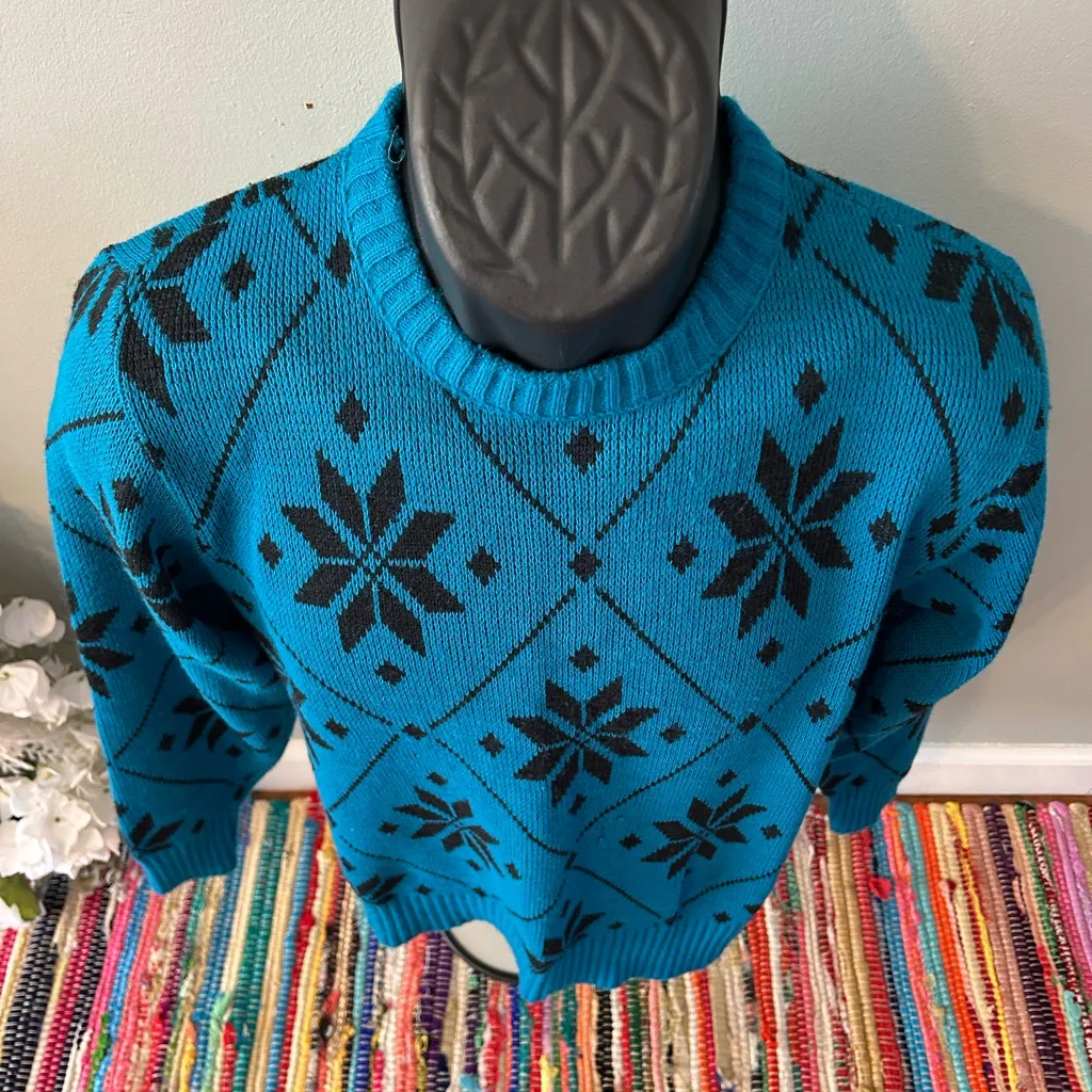 80s Le Tigre Snowflake Winter Sweater All Over Print Pattern Vintage Teal Large Blue - Image 3