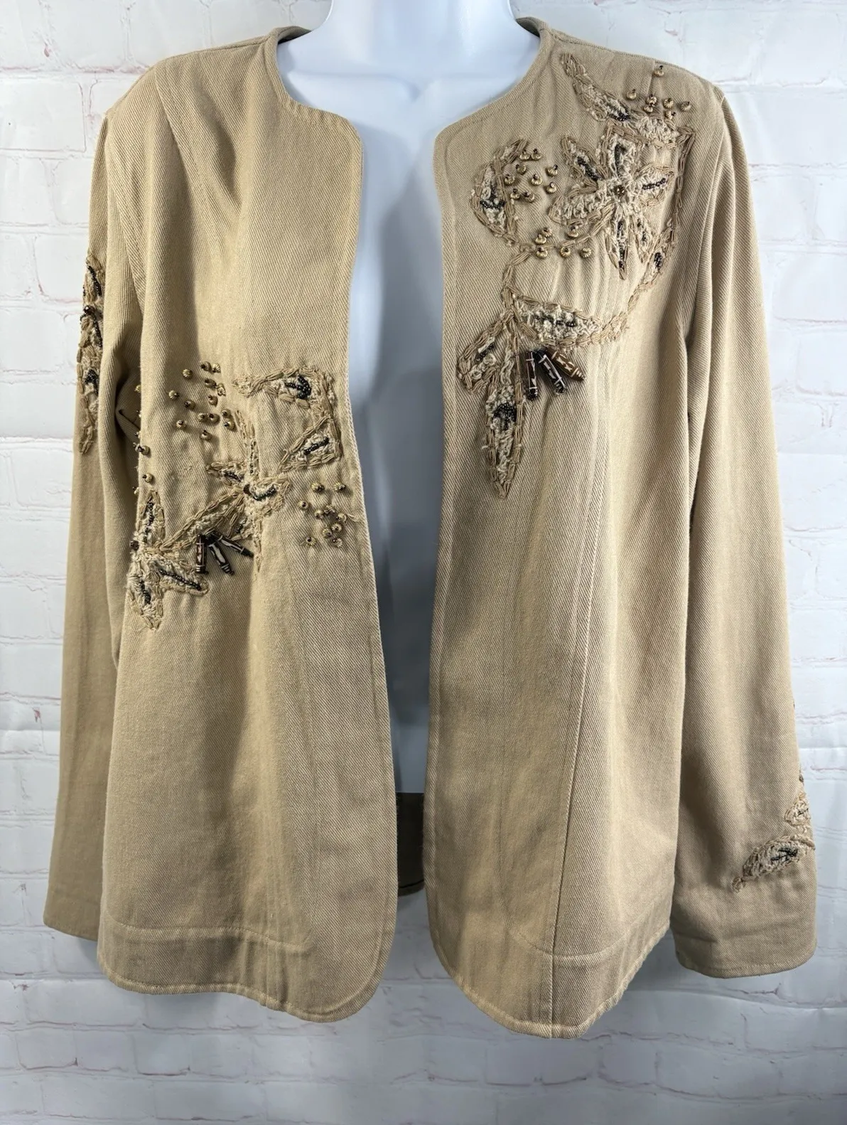 Laura Ashley Jacket Women's Small Beige Cotton. Open Front Beaded Embroidered - Image 1