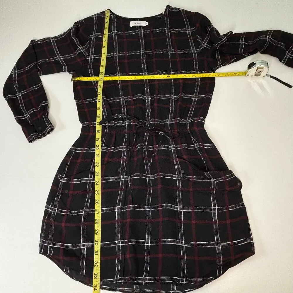 ALC Simona Plaid Long Sleeve Mini Shirt Silk Dress Black 4 - Image 7