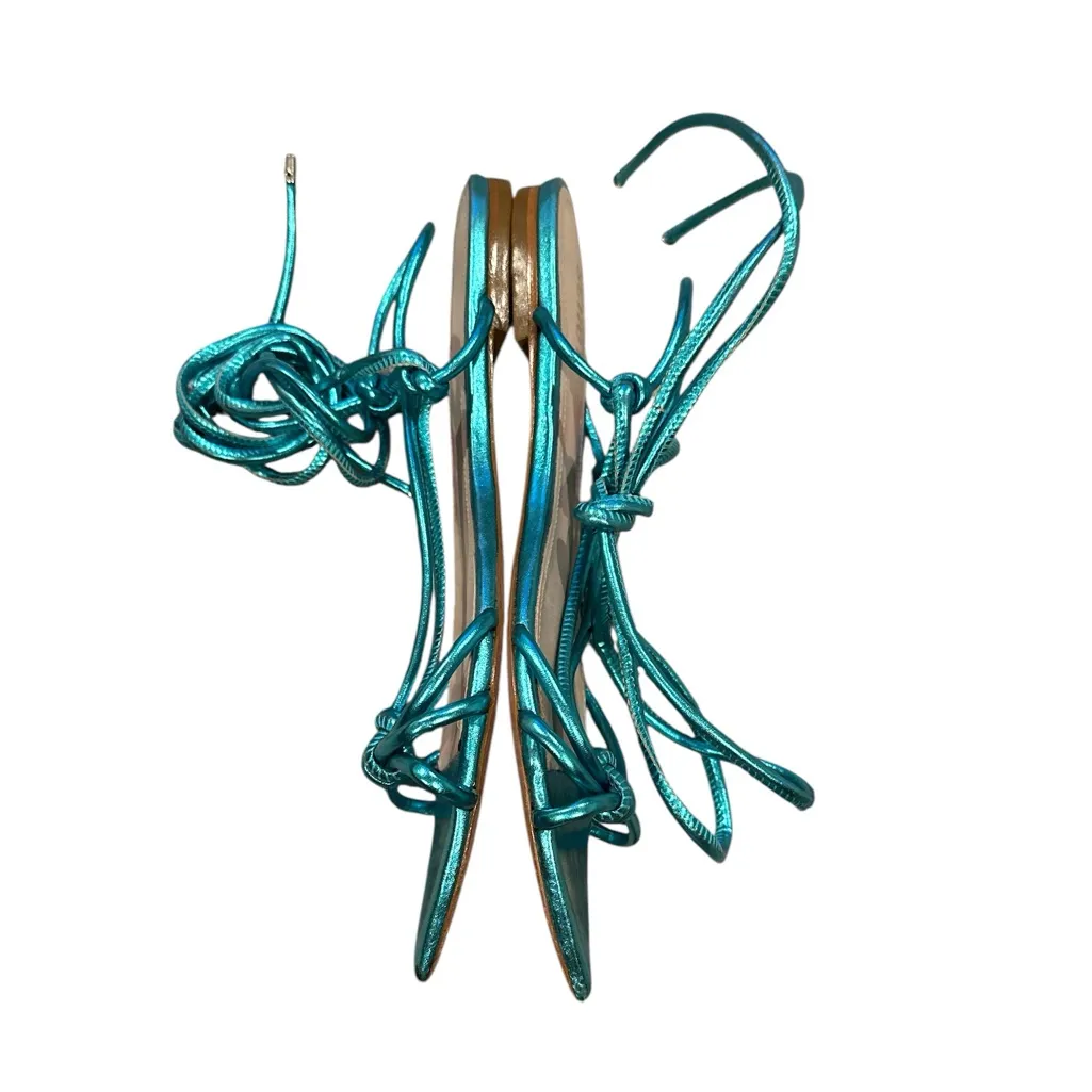 SCHUTZ LACE-UP METALLIC TURQUOISE BLUE STRAPPY POINTED TOE FLAT SANDAL SHOES 38 - Image 3