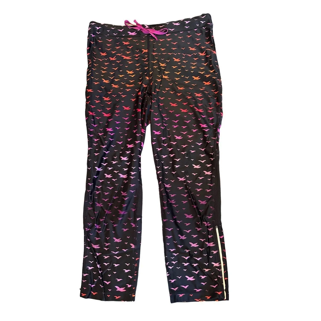 Roxy Women's Athletic Leggings Black Pink Bird Print Drawstring Pockets Size M - Image 7