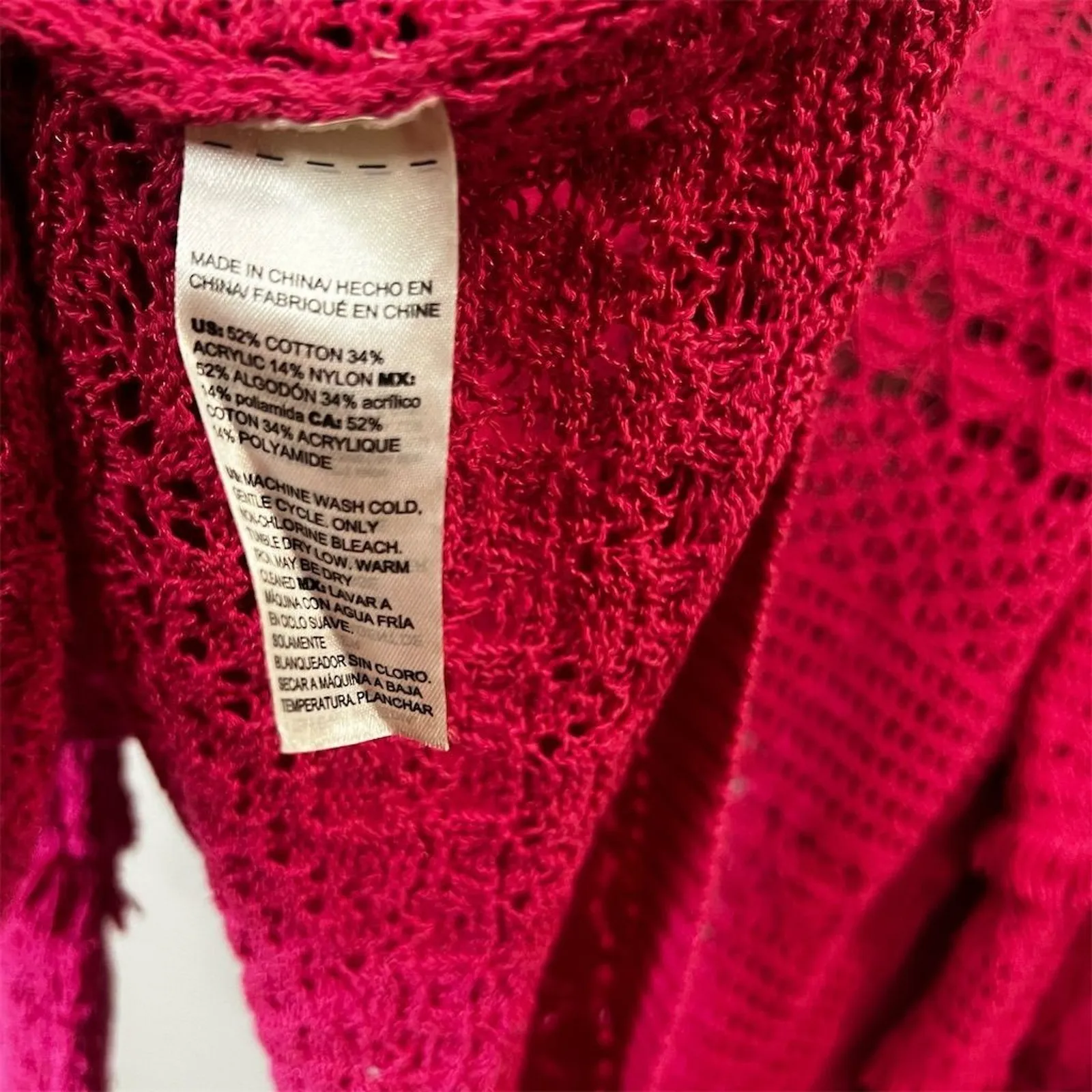 Chico's Pink Crochet Cardigan Sweater 3/4 Bell Sleeve Size 12 Fringe Open Front - Image 6