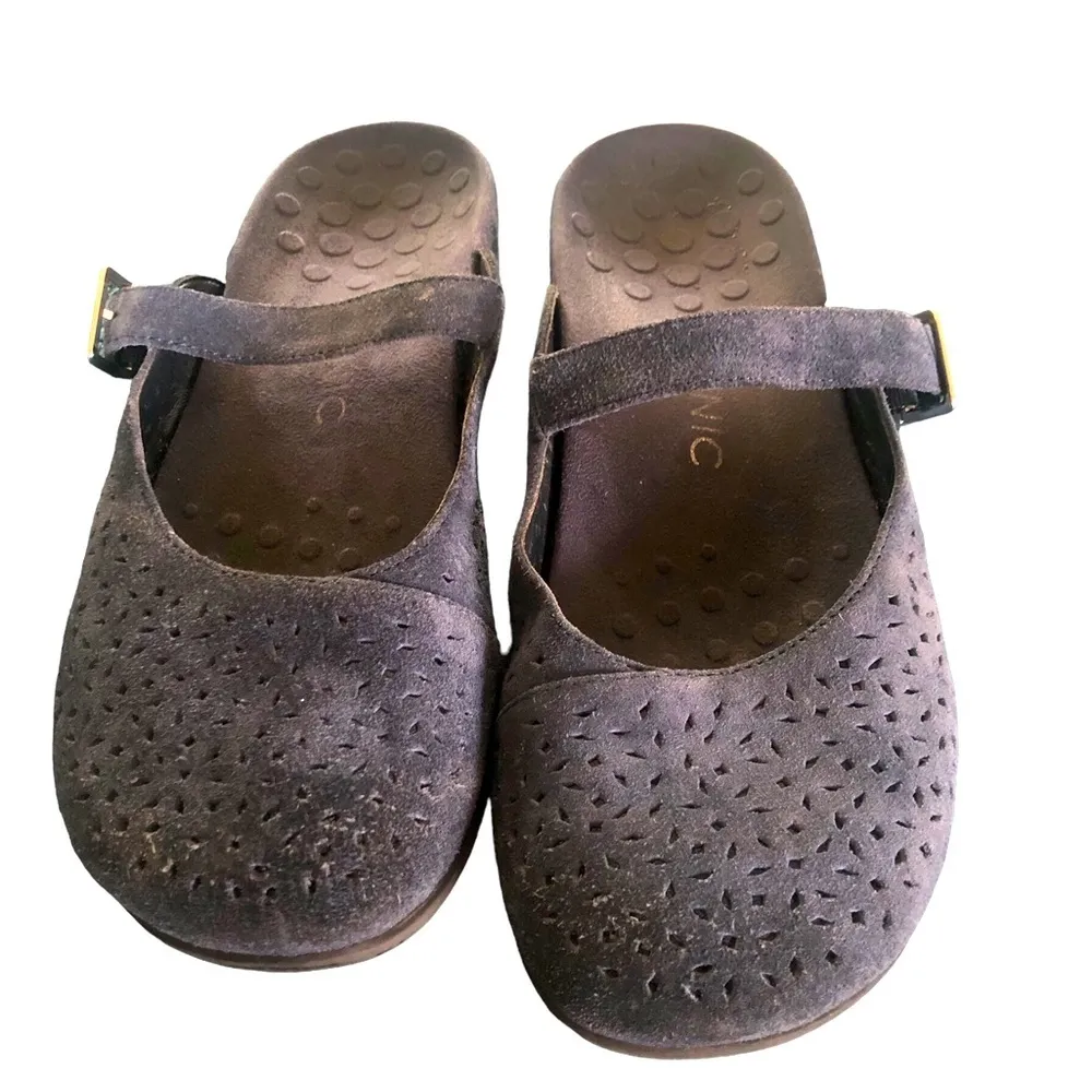 Lydia Laser Cut Mary Jane Slip On Slide Sz. 10 Navy Blue Suede Leather - Image 4