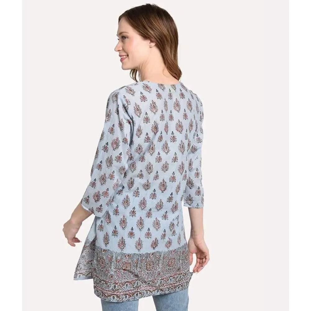 Roller Rabbit Printed Split Neck August Kurta Tunic Cover Up Gray Blue Large NWO - Image 4