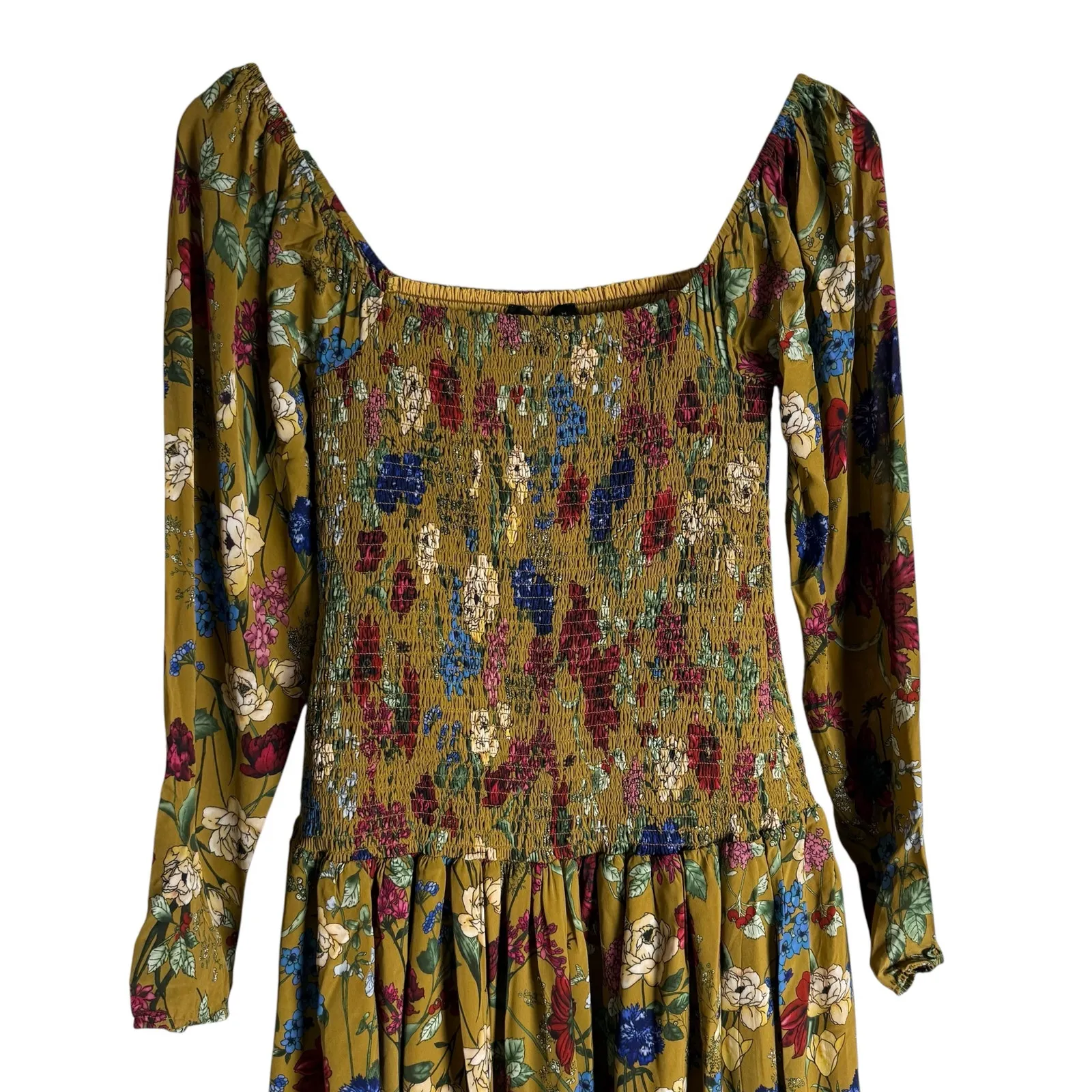 Hatch Maternity Freya Ochre Multicolor Floral Smocked Long Sleeve Dress Size S Yellow - Image 8