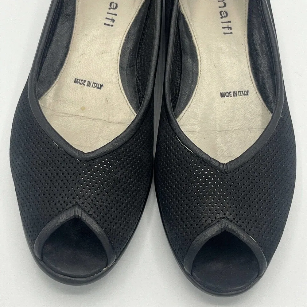AMALFI for Nordstrom Peeptoe Flats‎ Shoes Sz 6 Black Leather Perforated ITALY - Image 2