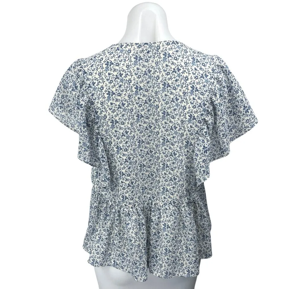 Madewell Georgette Blue Floral Ruffle Flutter Sleeve V-Neck Peplum Blouse Top S - Image 2
