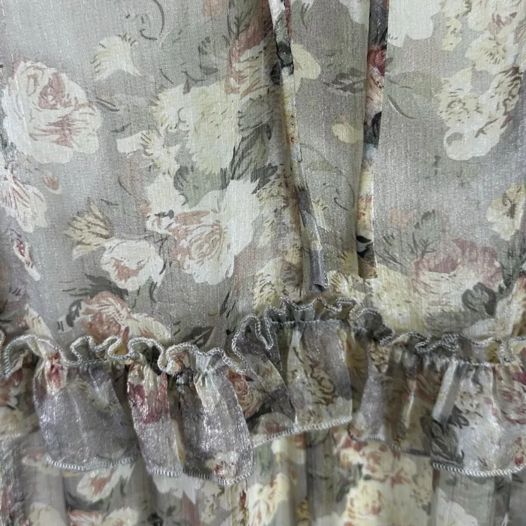 Choosy Ethereal Dainty Tiered Asymmetrical Ruffle Midi Dress Muted Floral Size 4 Gray - Image 6