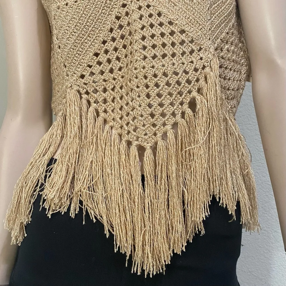 MIREMAR Natural Beige Tan Crochet Fringe Bohemian Boho Top One Size - Image 5