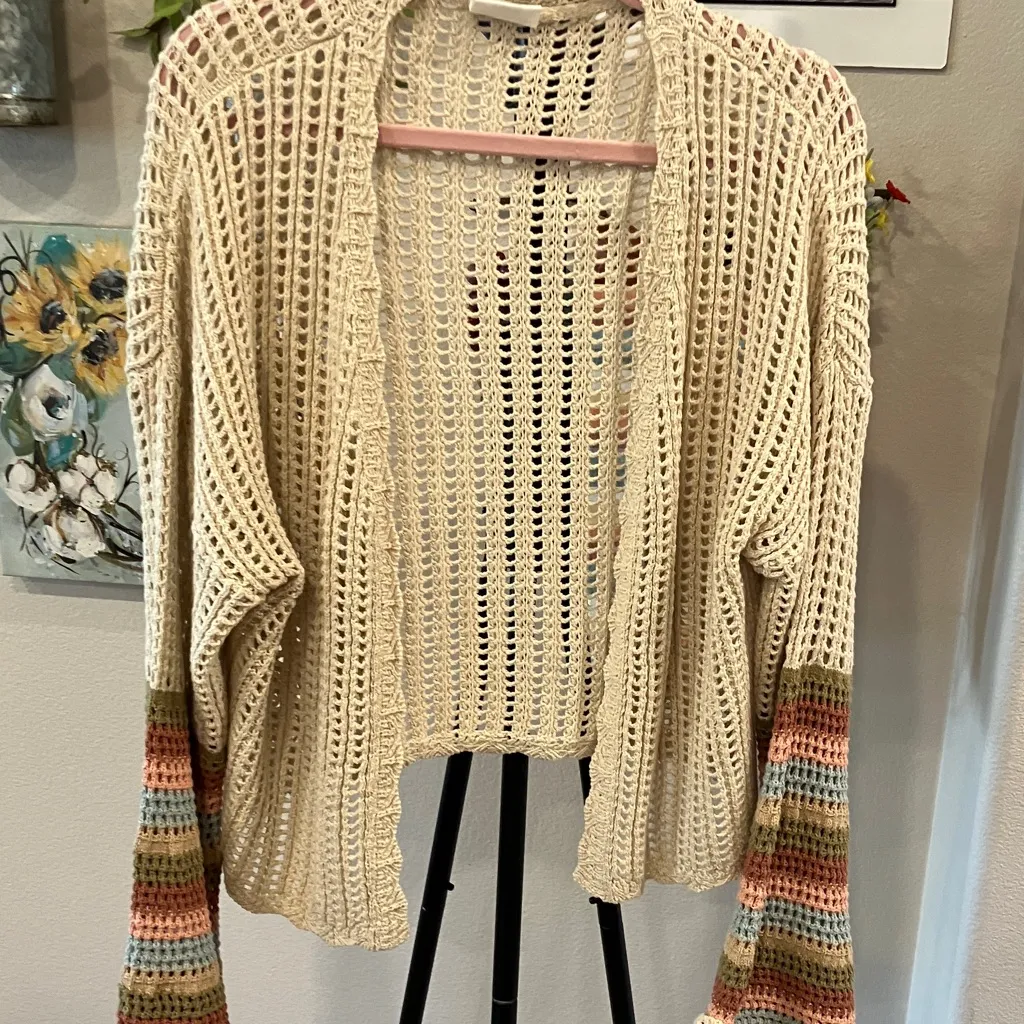 Oatmeal color block Crochet Cardigan with bell Multicolor Sleeves Size undefined - Image 3