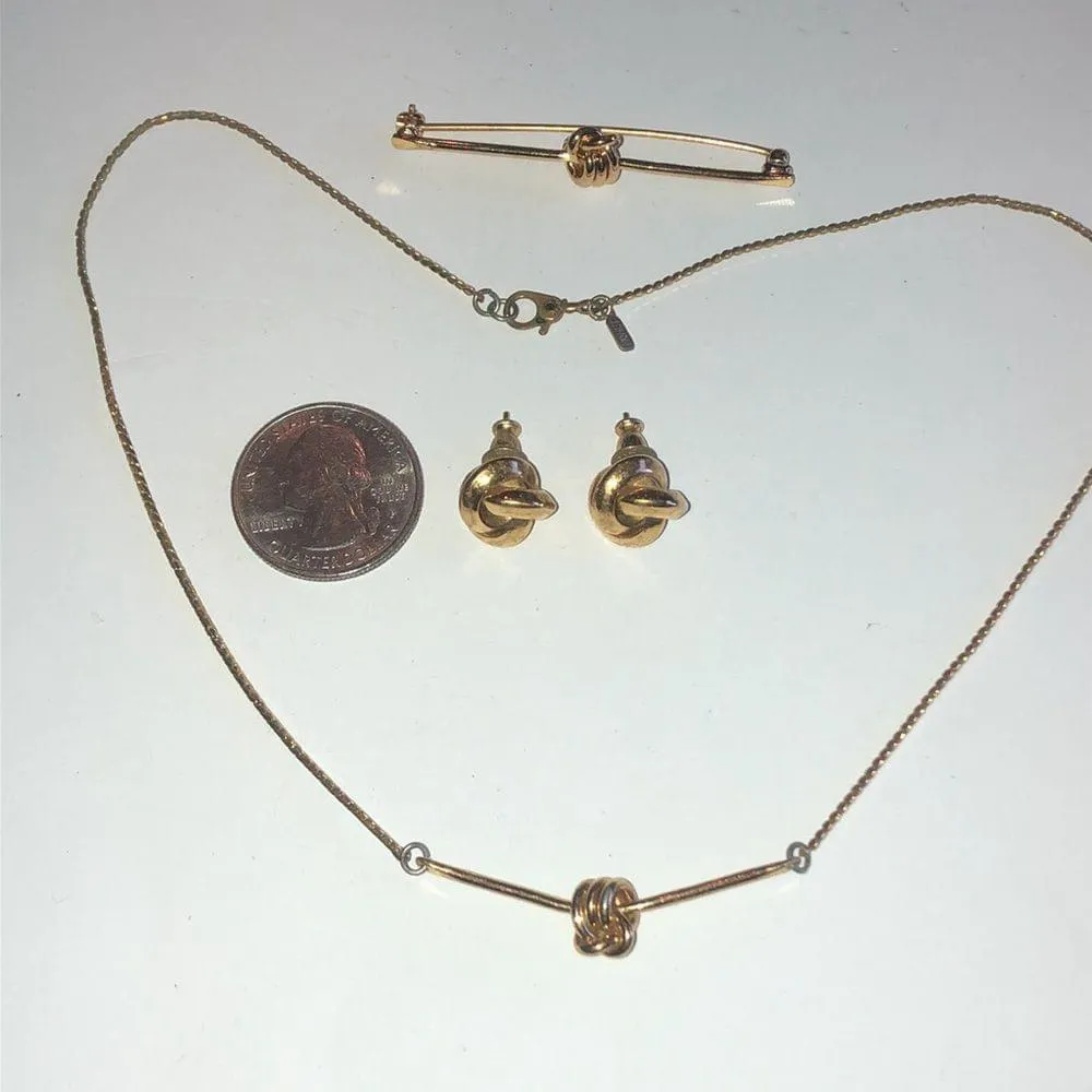 Monet Vintage Gold Tone Dainty Knot Pendant Necklace Earrings & Brooch Set - Image 3