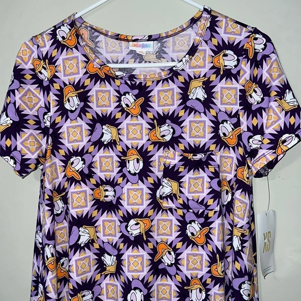 Disney LuLaRoe Carly dress size XS Donald Duck purple gold starburst geometric - Image 3