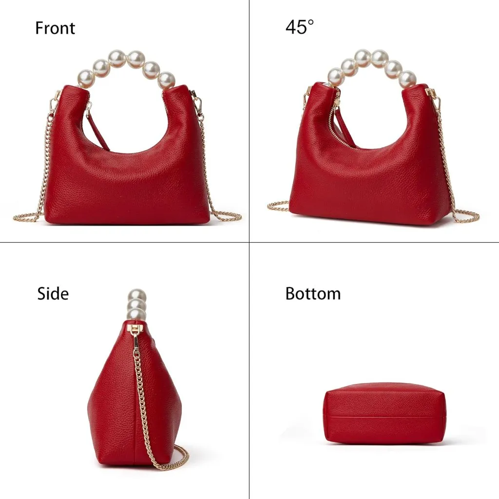⚡ Women's Top Handle Chain Pearl Strap Leather Crossbody Tote Red Bag - Image 3