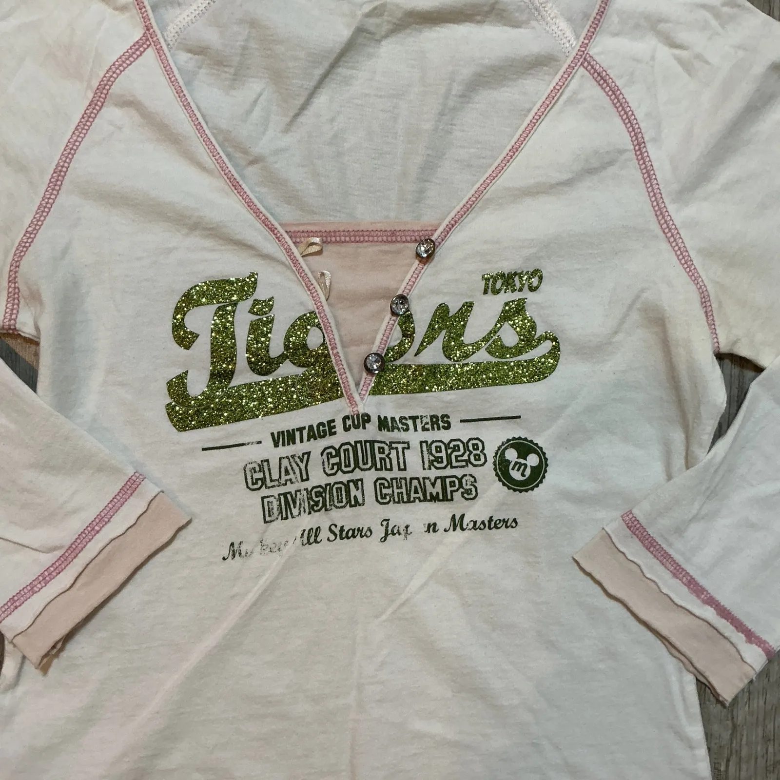Y2K Disney Tokyo Tigers‎ V Neck Long Sleeve T Shirt Top Glitter Pink Stitch S White - Image 2
