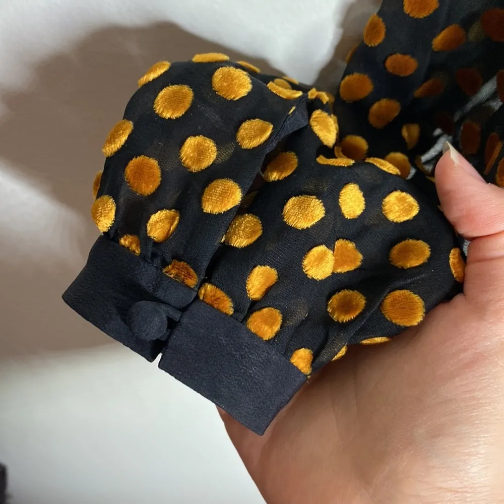 Club Monaco sheer silk blend blouse with velvet gold polka dots size S - Image 5