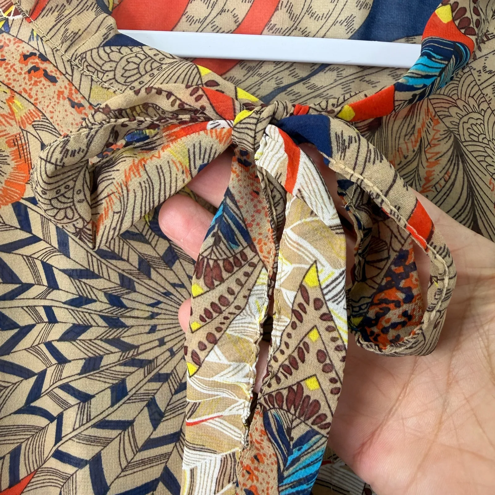 HOPE Boho Sheer Printed Cape Poncho Top Tan Tie Neck Ruffle Hem Festival Hippie Orange Size undefined - Image 5