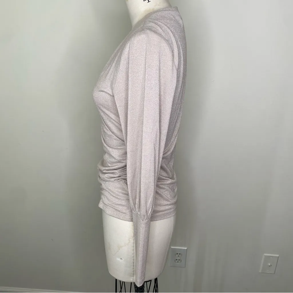Ann Taylor Surplice Neck Ruched Waist Bishop Sleeve Shimmer Sweater Top XS Beige - Image 3